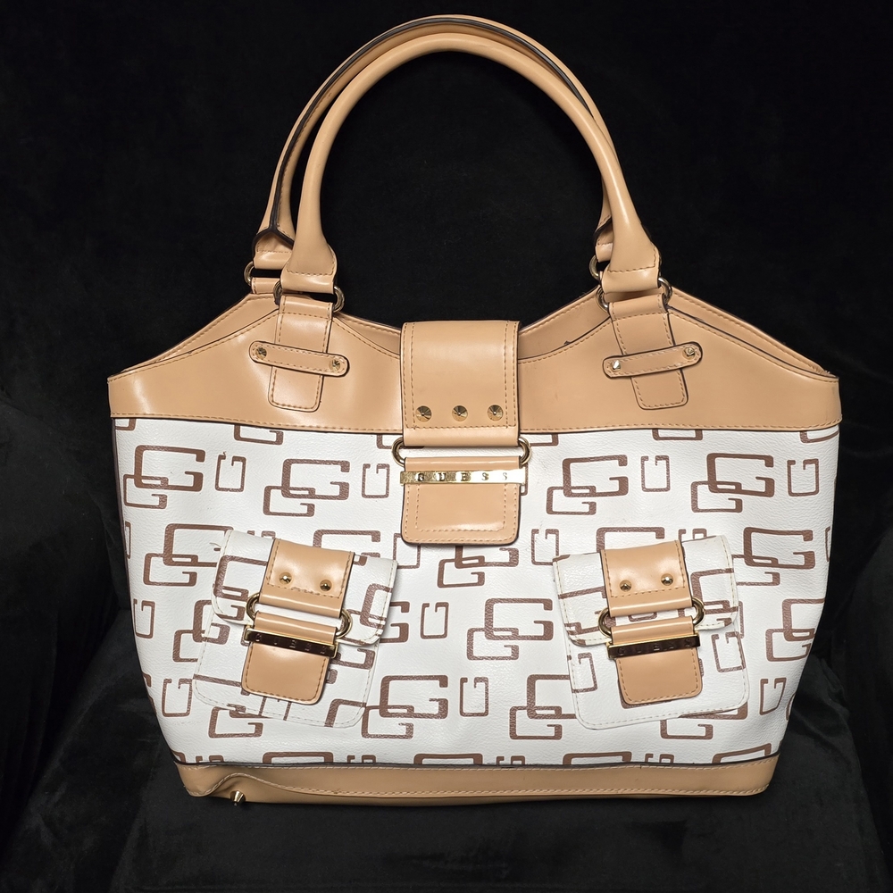 Guess Tan and White Logo Tote